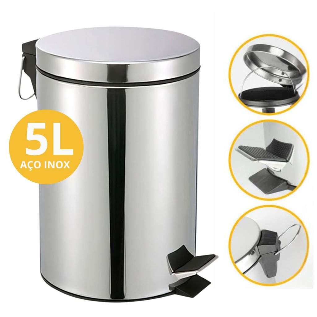 Lixeira Aço Inox 5 ou 12 litros C/ Pedal Cesto Interno Removivel Banheiro Cozinha Escritorio