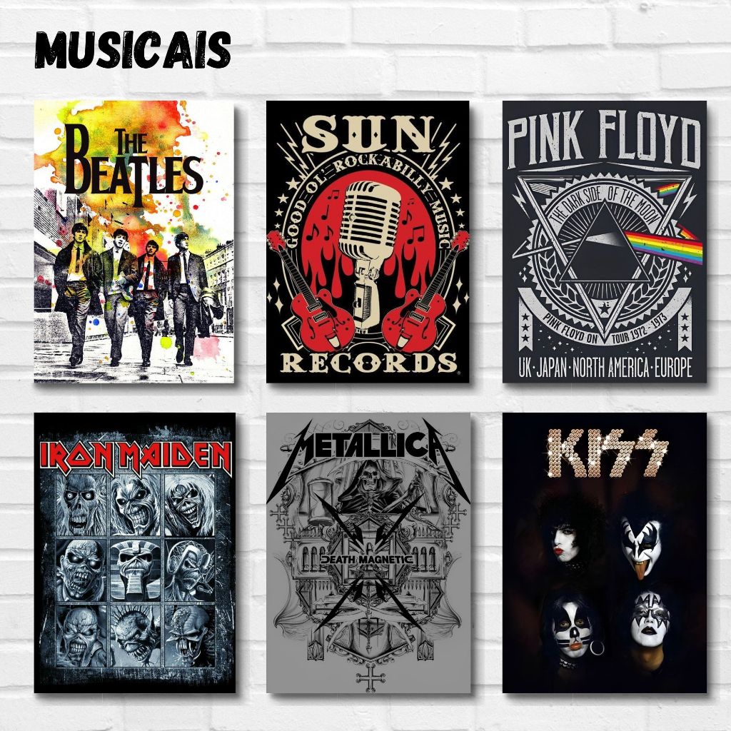 Placa Decorativa Bandas Rock Iron Maiden Beatles Kiss Pink Floyd 20x30 Quadro Decorativo para Sala e Quarto