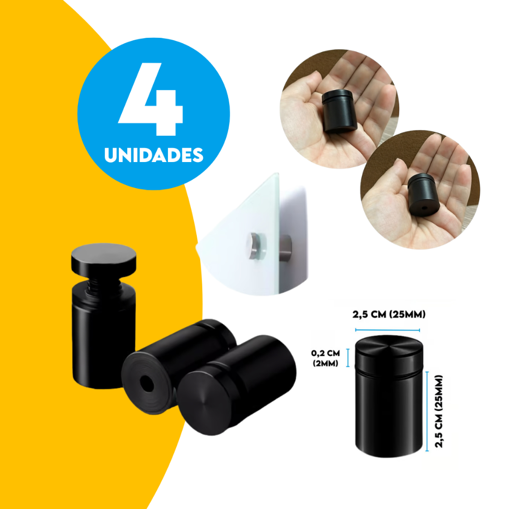 Kit 4  Prolongador Espaçador 2,5x2,5cm Preto Aço Inox 201