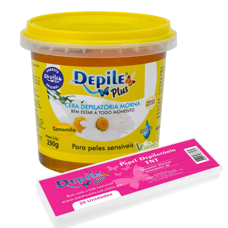 Kit Cera Depilatória Hidrossolúvel Camomila 290g+ Papel para Depilação com 20 unidades Depile Plus
