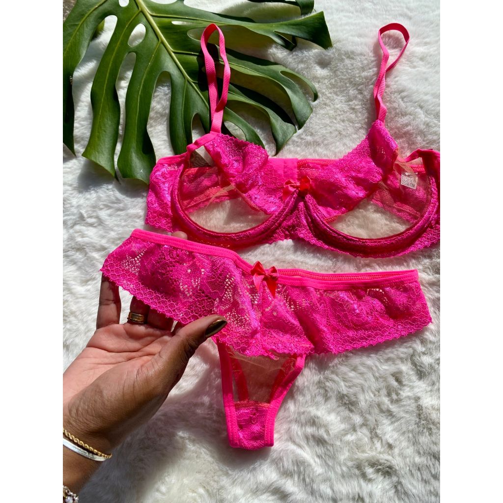 Conjunto lingerie sem bojo com aro calcinha e sutiã tule e renda Rebeca