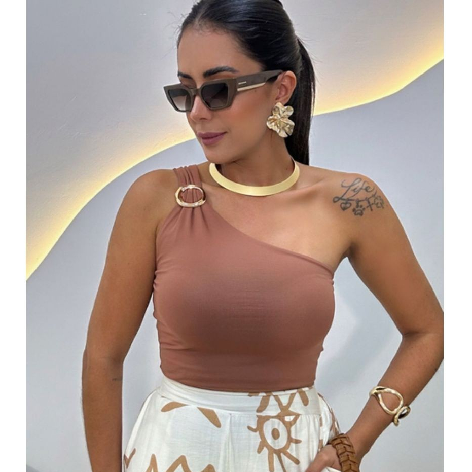 Blusa Feminina Nula Manga Argola Assimetrica Dourada Suplex Elegante Mula Manca