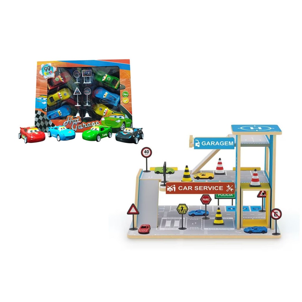 Kit 11 Carrinhos Miniatura Relâmpago McQueen e Carros de Corrida C/ Posto de Gasolina de Brinquedo