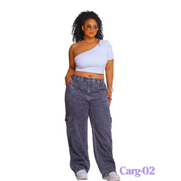 Calça Cargo Jeans Feminina Plus Size Sem Elastano com Bolsos Premium Curve