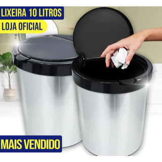 Lixeira Cesto Tipo Inox Com Tampa Click 10 Litros Prata Banheiro Cozinha Quarto Escritório TOY 25670