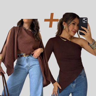 Kit 2 Blusas Femininas – Bata Capa Boho Chic Multifuncional + Blusa Assimétrica Nula Manga Ribana Canelada | Moda Tendên em Oferta na Shopee