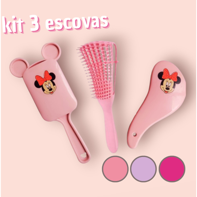 Escovas de Cabelo Minnie kit 3 escovas Antifrizz Minnie Orelinha + Mágica + Polvo