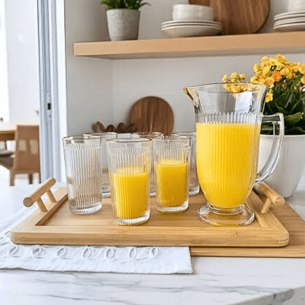 Jarra com 6 Copos Borda Dourada Lila 1 Litro Vidro Canelado Hauskraft