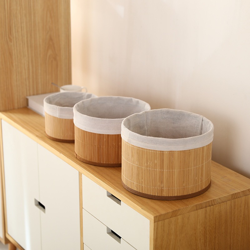Cesto Organizador Bambu Revestimento Linho Kit 3 peças P M G - Caixa bambu redonda