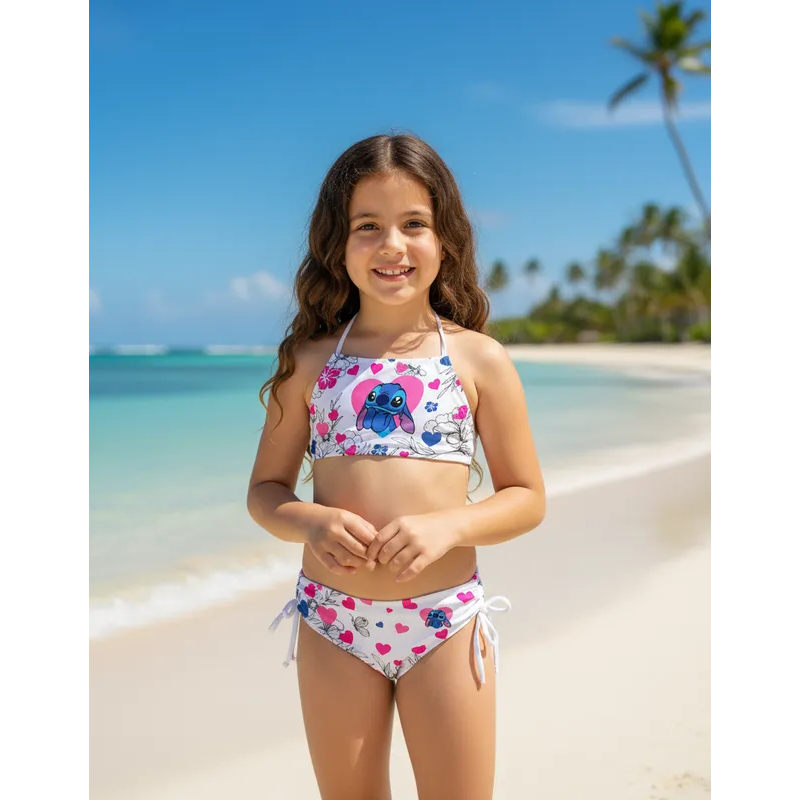 Biquini Infantil Lilo Stitch Corações Floral Ohana Branco Proteção UV 50+ Moda Praia Natação Piscina