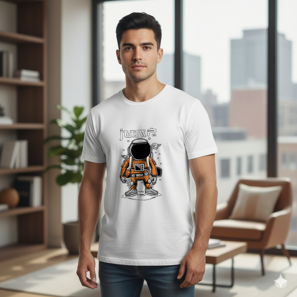 Camiseta Masculina Básica Branca com Estampa de Astronauta