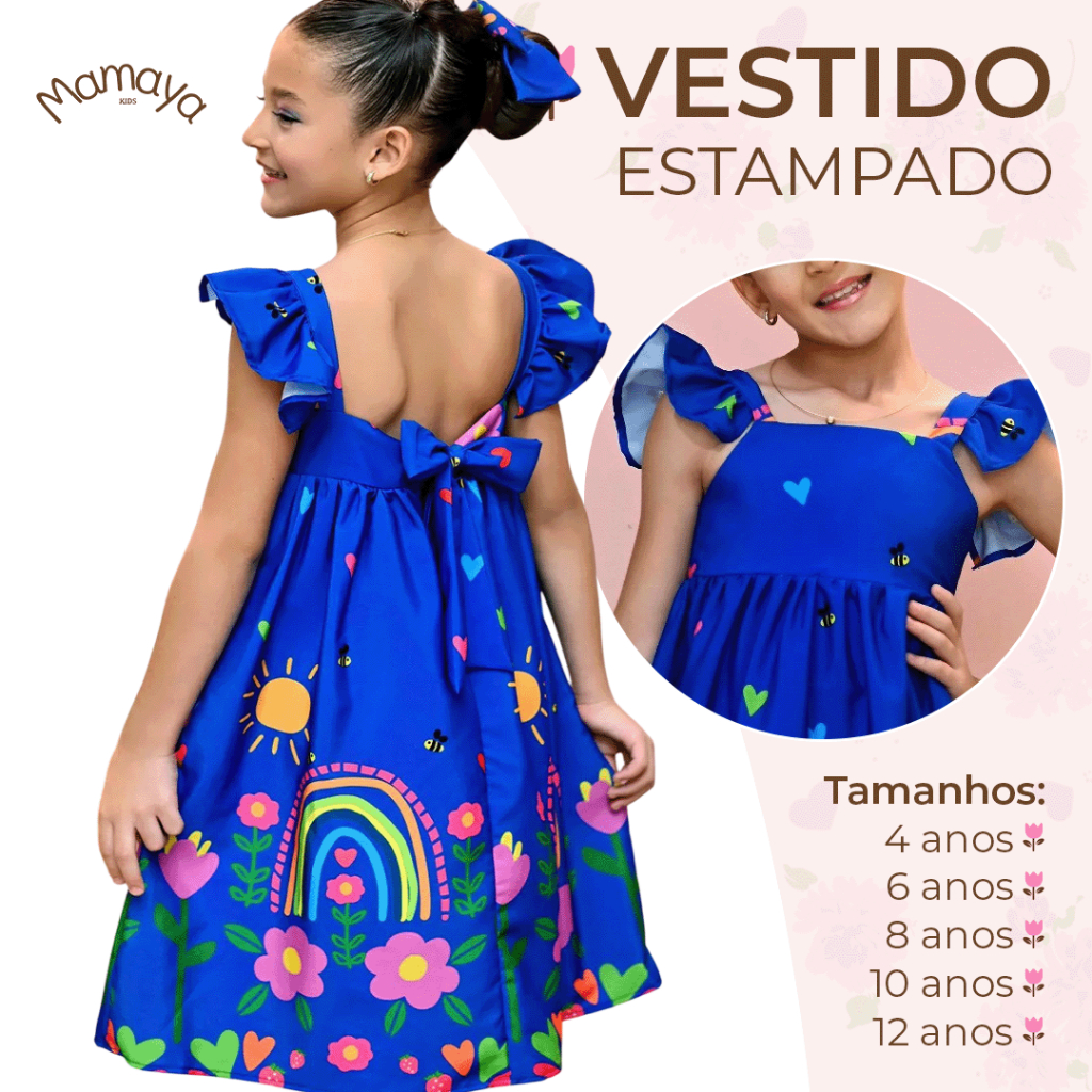 Vestido Barrado Manga Infantil Menina Estampado Casual Festa