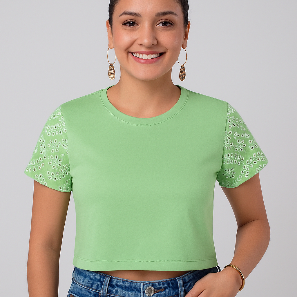 Cropped Feminino Algodão Manga Laise Bordado Versátil Atemporal Moda Casual Confortável Leve 25639-A em Oferta na Shopee
