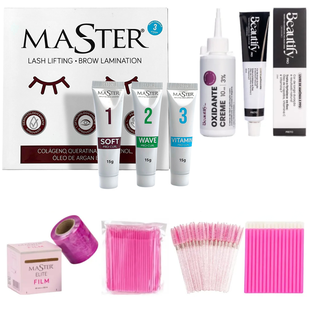 Kit Completo Lash Lifting Master Com Tintura Preta E Oxidante Beautify Escovinhas Filme Microbrush