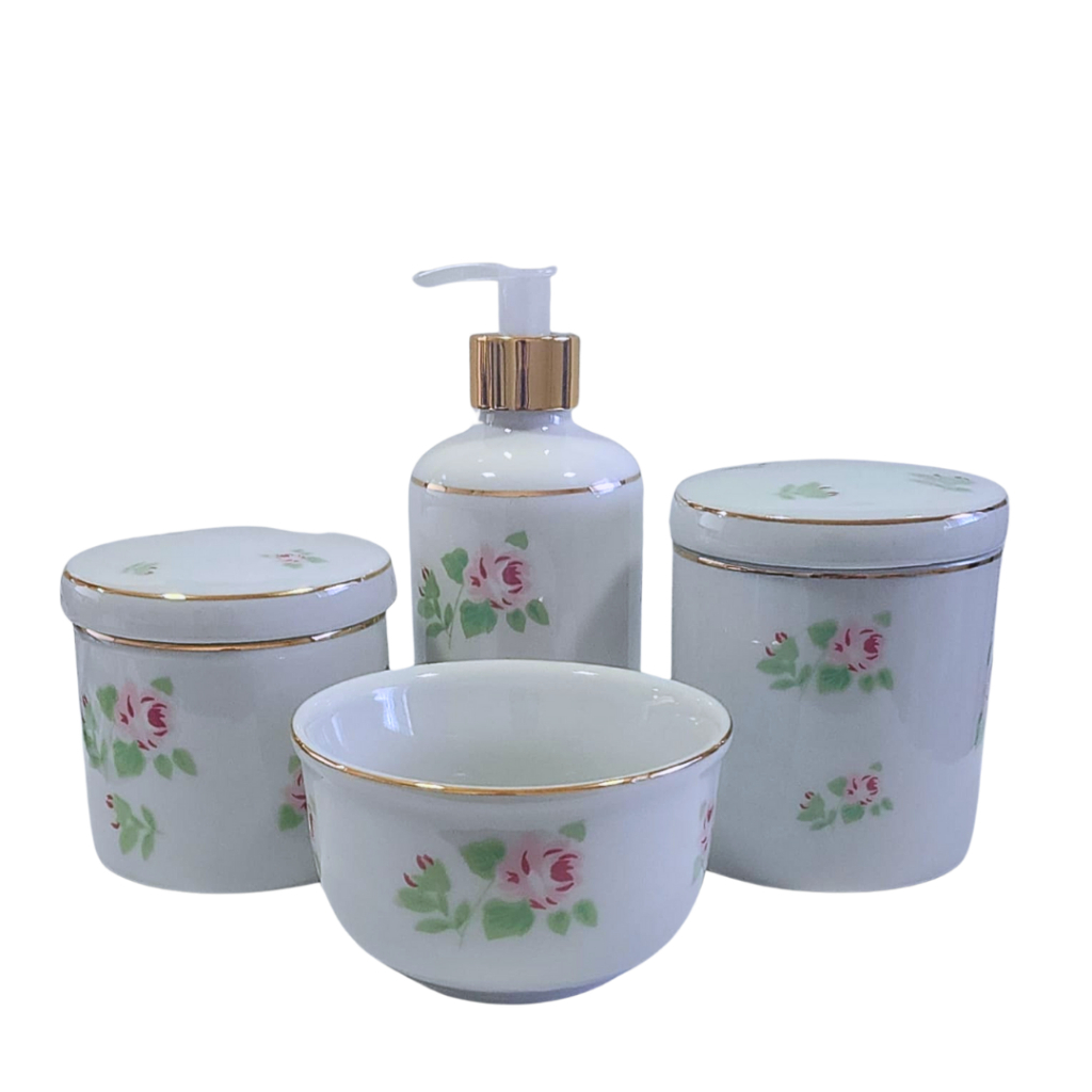 Kit Jogo de Higiene Bebe Menina Floral Friso Dourado