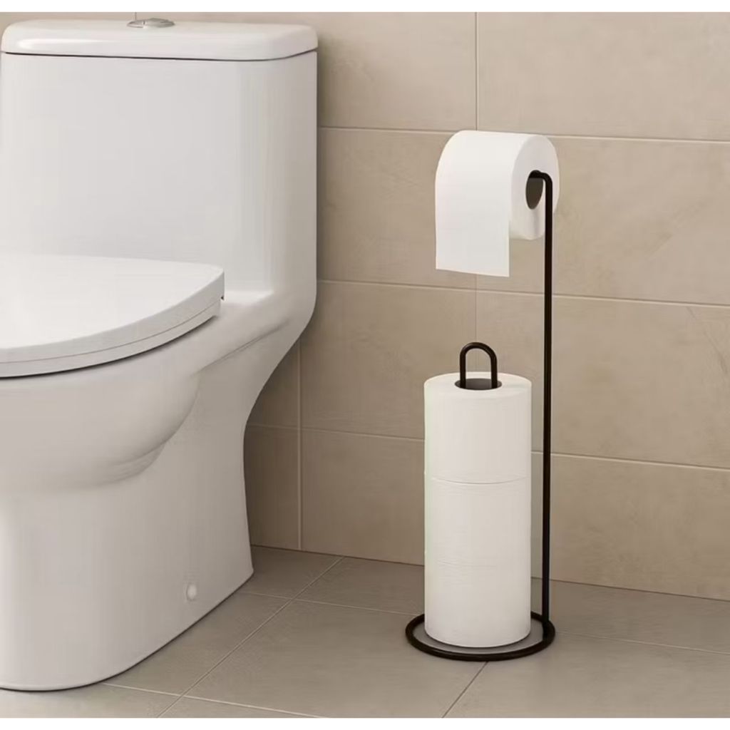 Porta Papel Higiênico de Chão Moderno em Ferro Preto Suporte com Dispenser e Armazenamento de Rolos