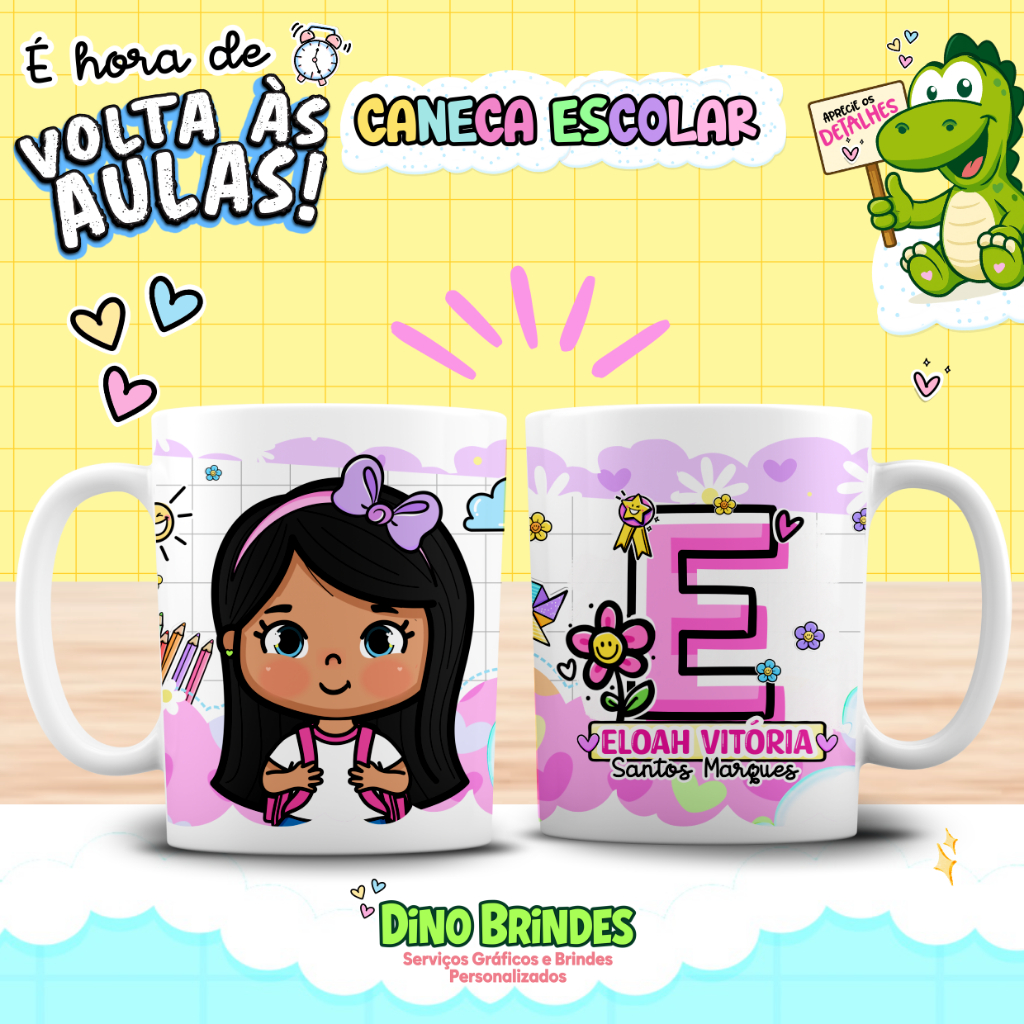 📚✨ Caneca Escolar Personalizada Infantil 400ml – 👧Alunas (Pele Morena e Cabelo Preto) ✔️ em Oferta na Shopee