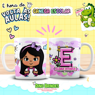📚✨ Caneca Escolar Personalizada Infantil 400ml – 👧Alunas (Pele Morena e Cabelo Preto) ✔️ em Oferta na Shopee