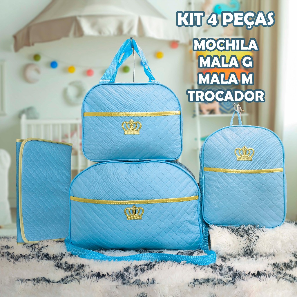 Kit Mala Maternidade Menino Completo Azul BB: Bolsa Grande, Bolsa Média, Mochila e Trocador