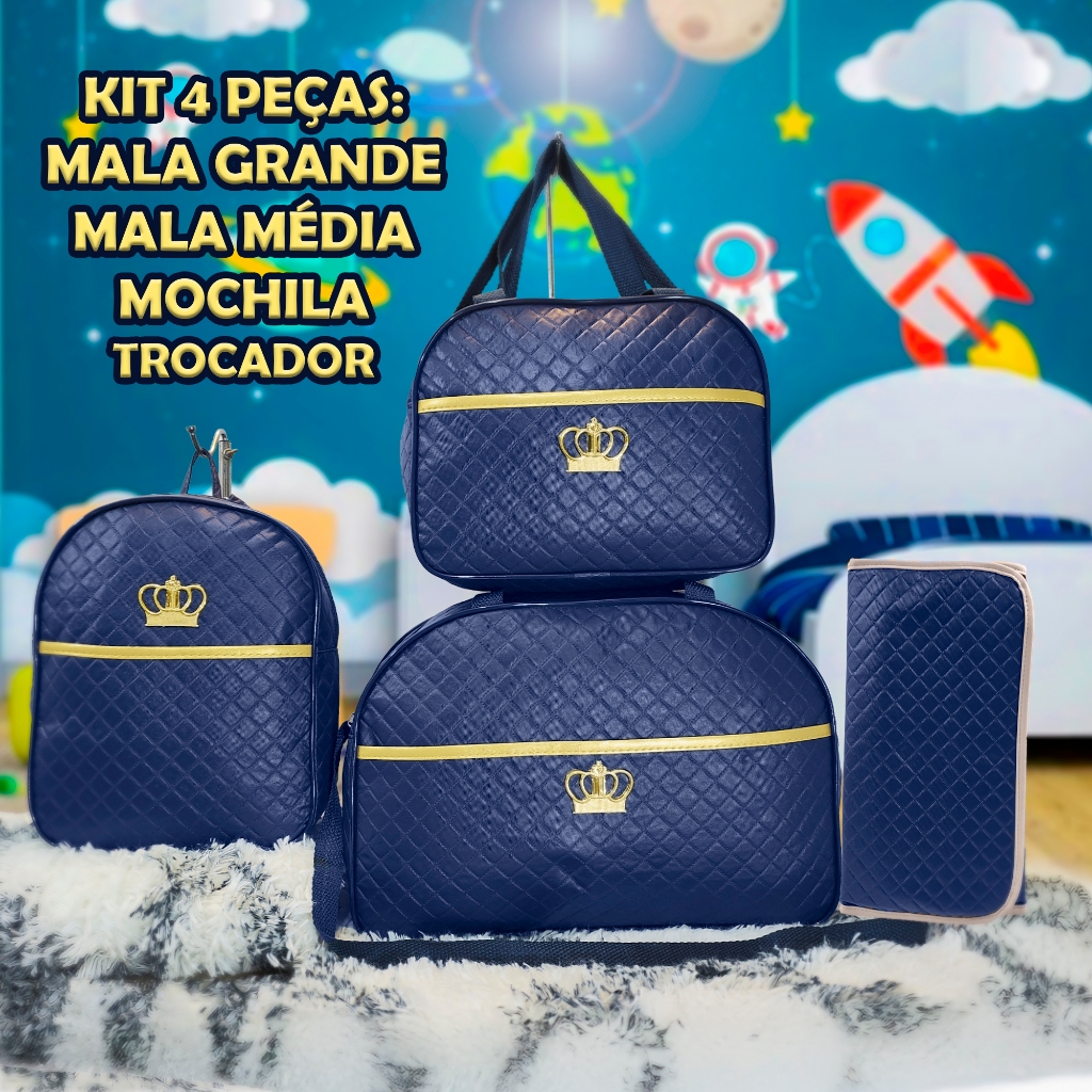 Kit Mala Maternidade Completo Azul Marinho:Bolsa Grande, Bolsa Média, Mochila e Trocador Impermeável