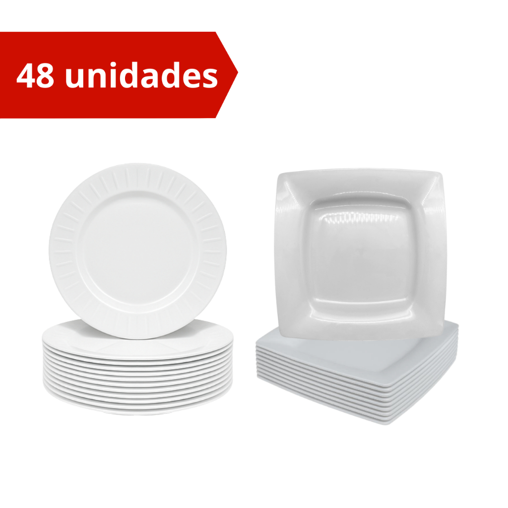 Kit 48 Peças Prato Redondos + Prato Quadrados Reutilizável Buffet Plastico Novo Festa Jantar Prato