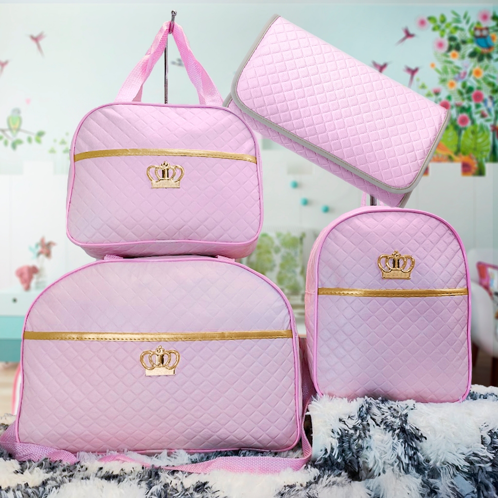 Kit Mala Maternidade Completo Rosa BB: Bolsa Grande, Bolsa Média, Mochila e Trocador Dobrável