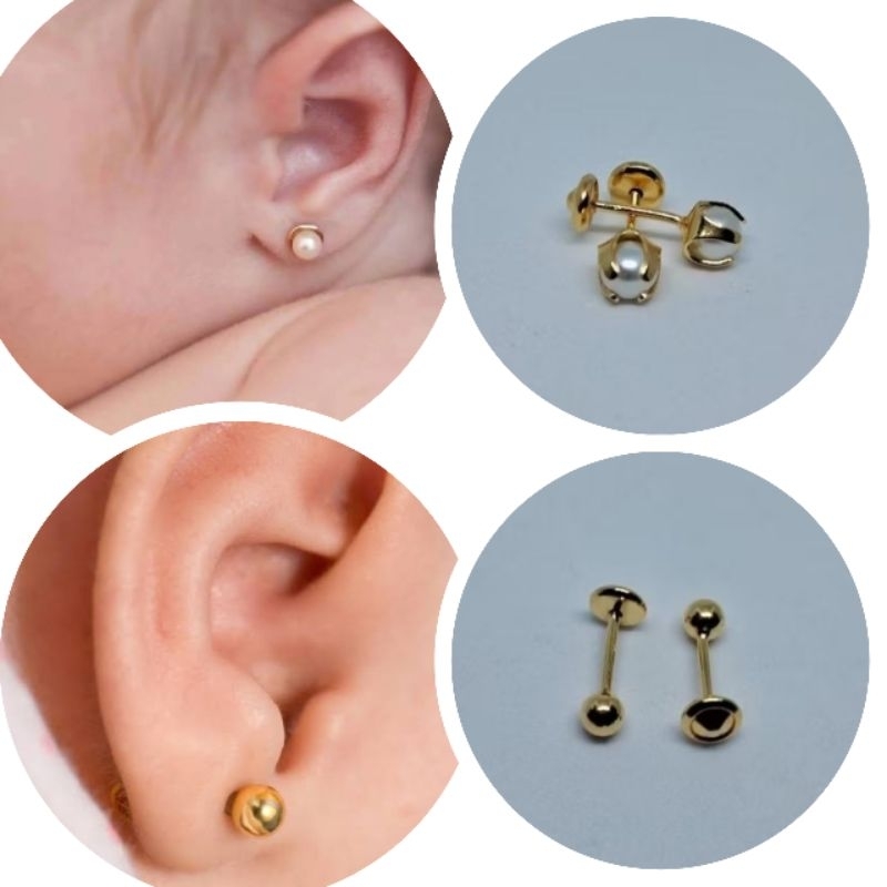 Brinco de Bebê Folheado a Ouro – 2 Variações (Bolinha Lisa e Pérola)