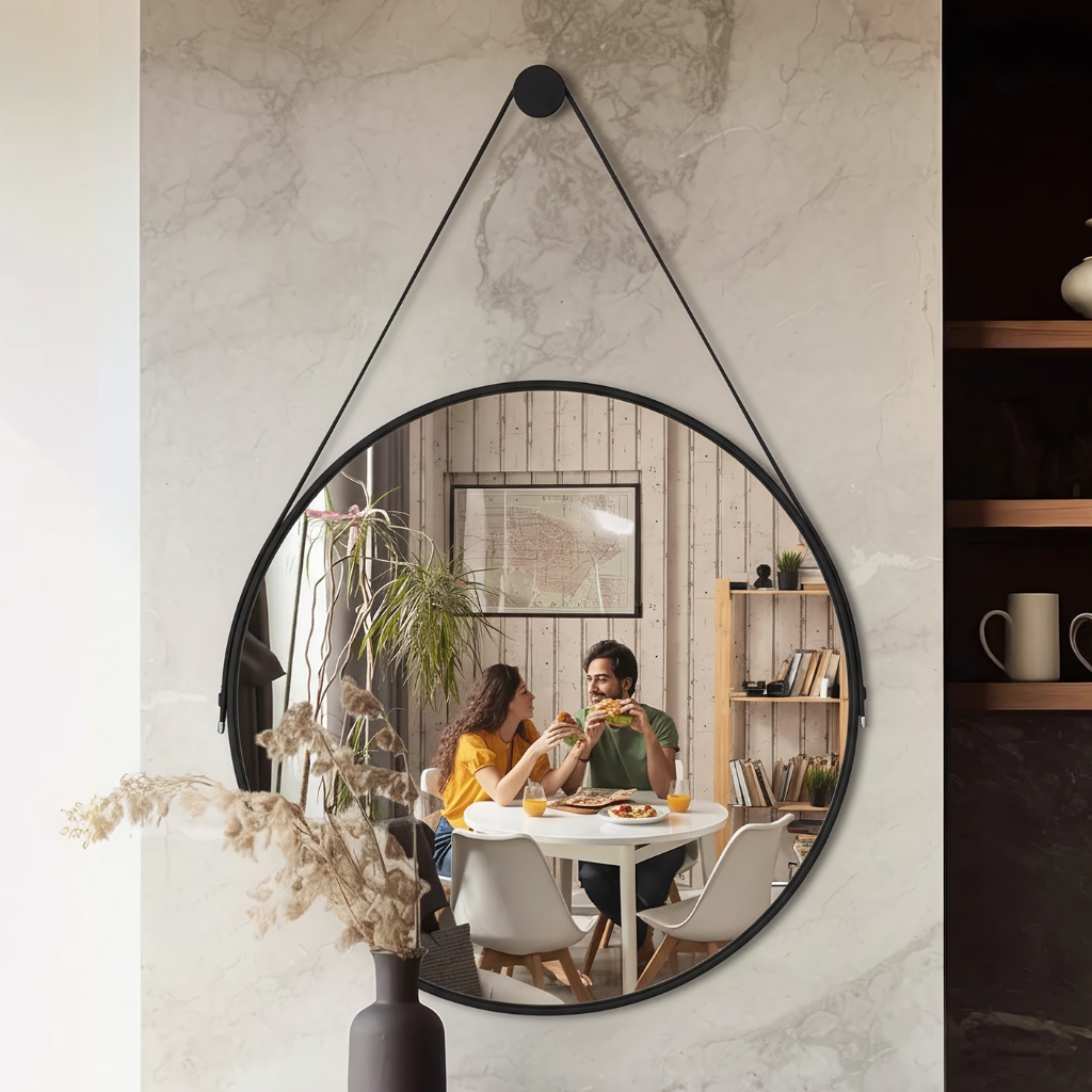 Espelho Redondo Adnet Alça em Couro Costurada com Suporte em Alumínio Ideal para Quarto, Banheiro, Sala