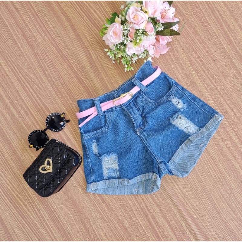 Short Jeans Infantil Feminino Menina Com Cinto Moda Kids Roupa Infantil Verão Confortável