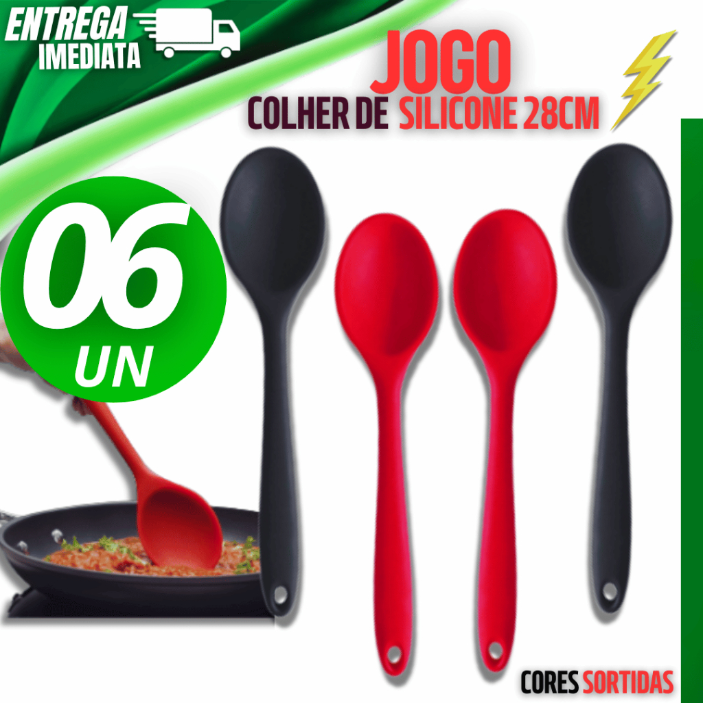 Kit6 Colher Redonda Silicone 28cm Grande Utensílios Casa Cozinha Restaurante Buffet Utilidade