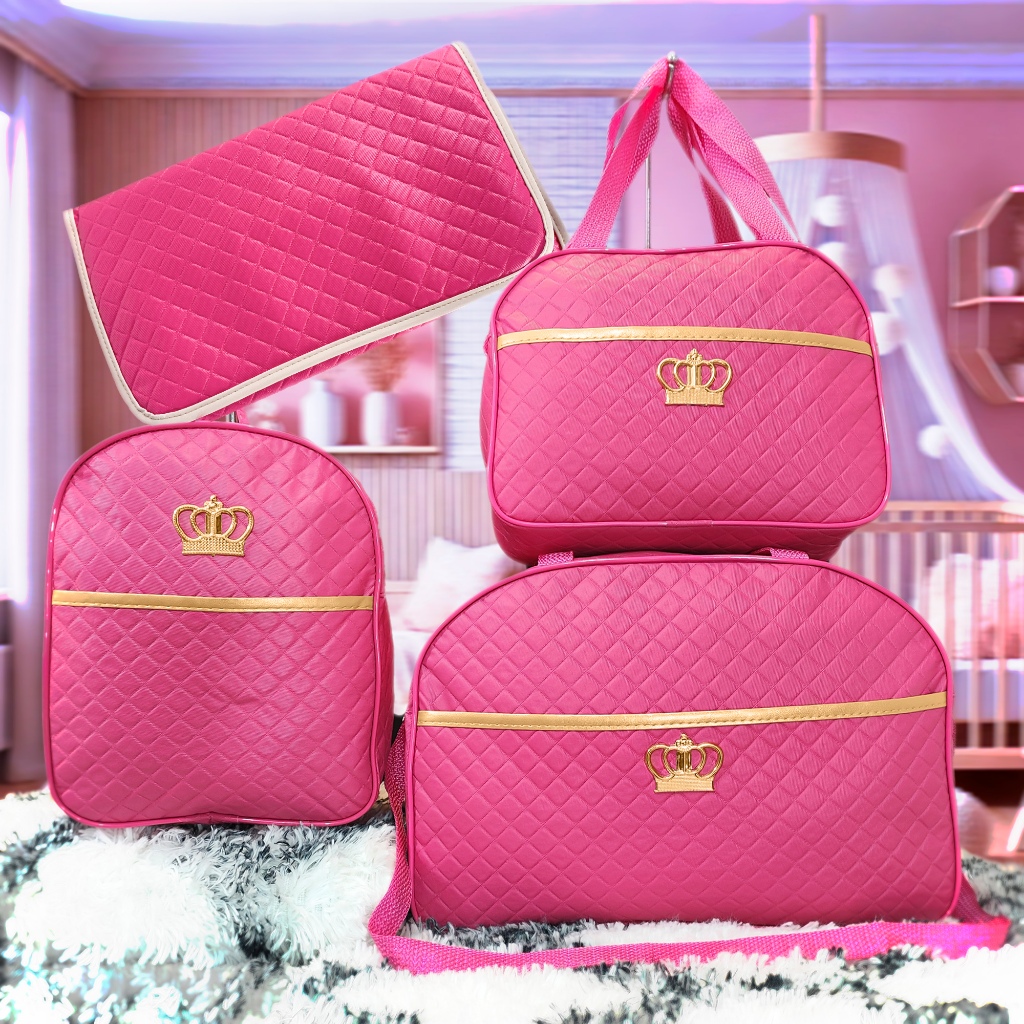 Kit Mala Maternidade Menina Pink Completo: Bolsa Grande, Bolsa Média, Mochila e Trocador Impermeável