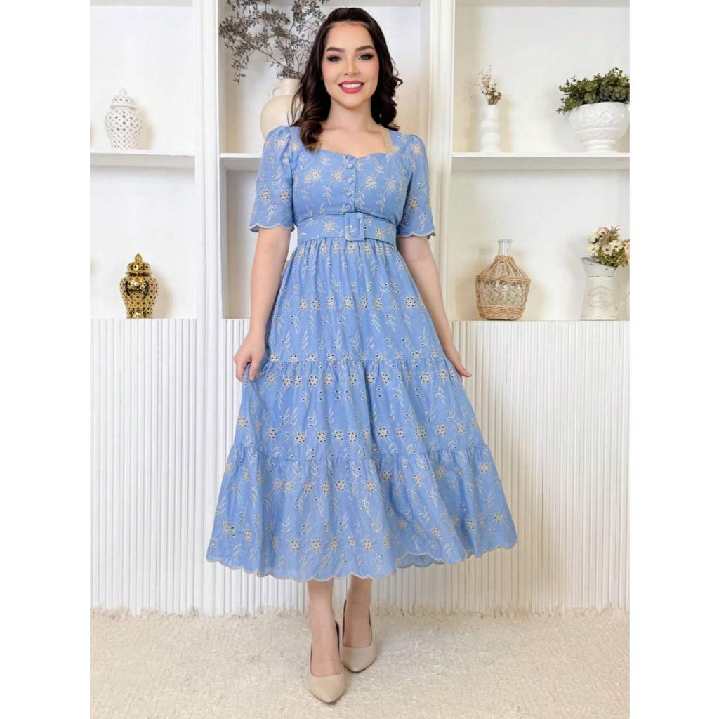 Vestido Mídi com cinto Lese botoes Manga Princesa Bufante bordado moda evangélica Casamento Noivas