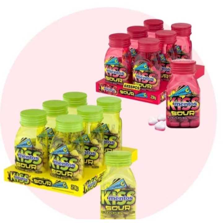 Bala Mentos Kiss Sour Limão e Morango Zero Açúcar com 6 unidades em Oferta na Shopee