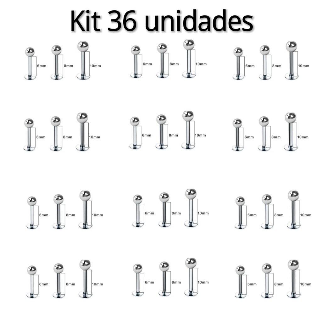 kit 36Piercing (com 3 cartela 6/8/10mm)Labret Lábios Boca Tragus Conch Aço inoxidavel Cirúrgico