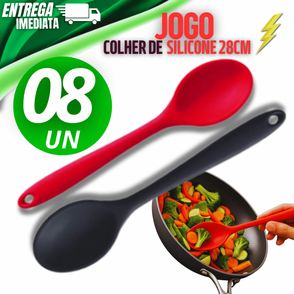 Jogo 08 Colher Silicone 28cm Utensílio Casa Cozinha Restaurante Buffet Bares Variáveis Utilidades
