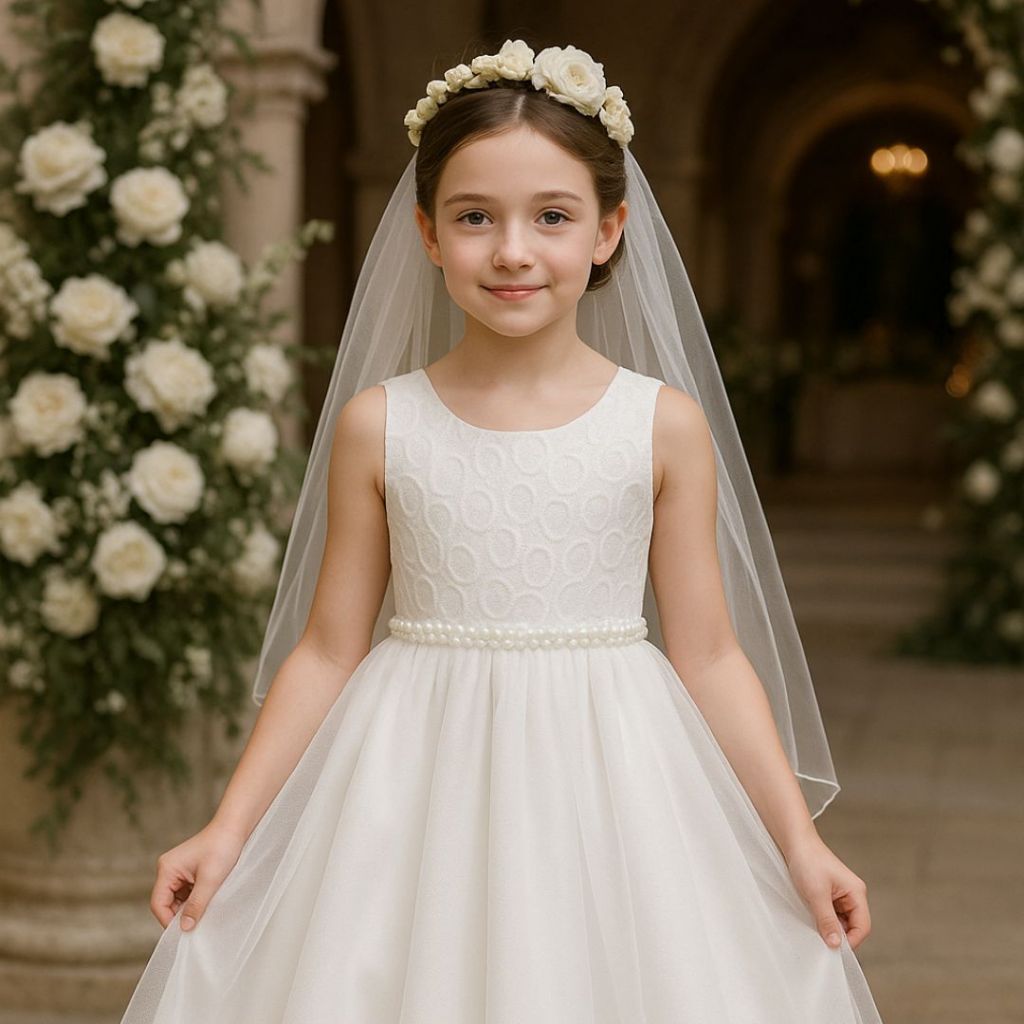 Vestido Branco Midi Dama de Honra Infantil Florista com Busto de Renda FestaTule Rodado REF2043