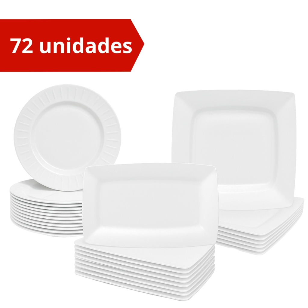 Kit 72 Peças Prato Quadrado e Redondos + Bandeja de Espetinho Reutilizável Buffet Novo Festa Jantar