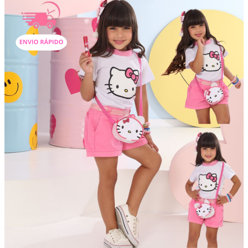 Conjunto Infantil Blogueirinha Diva Camiseta Short Cinto + Bolsinha Gatinha Hello Roupa Infantil Estilosa 4 Peças