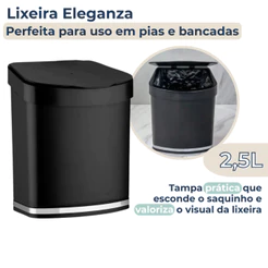 Lixeira de Pia Bancada Compacta 2,5 Litros Com Tampa Esconde Sacola Cesto De Lixo Preto Com Cromado
