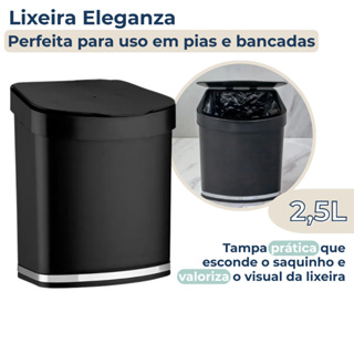 Lixeira de Pia Bancada Compacta 2,5 Litros Com Tampa Esconde Sacola Cesto De Lixo Preto Com Cromado em Oferta na Shopee
