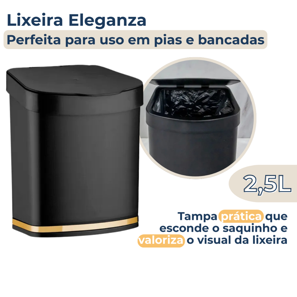 Lixeira de Pia Bancada Compacta 2,5 Litros Com Tampa Esconde Sacola Cesto De Lixo Preto Com Dourado