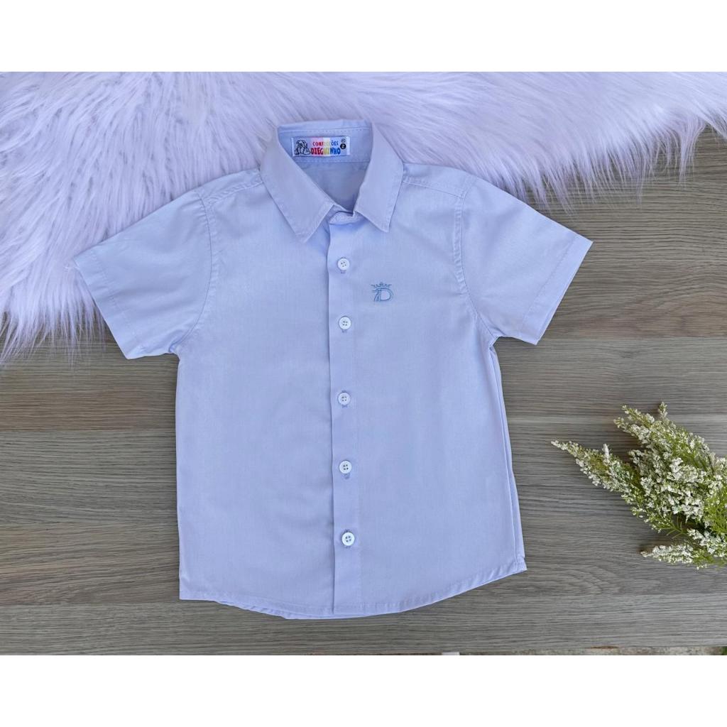 Camisa Infantil Social Manga Curta Azul Claro Meninos Batizado Festa e Formatura Até tamanho 16