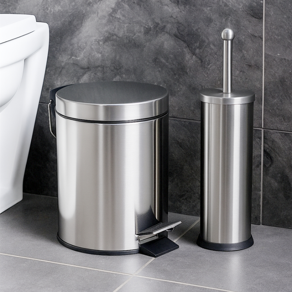 Lixeira Inox 5 3 Litros + Escova Sanitária Cesto Removível Alça Pedal para Banheiro Aço Inoxidável