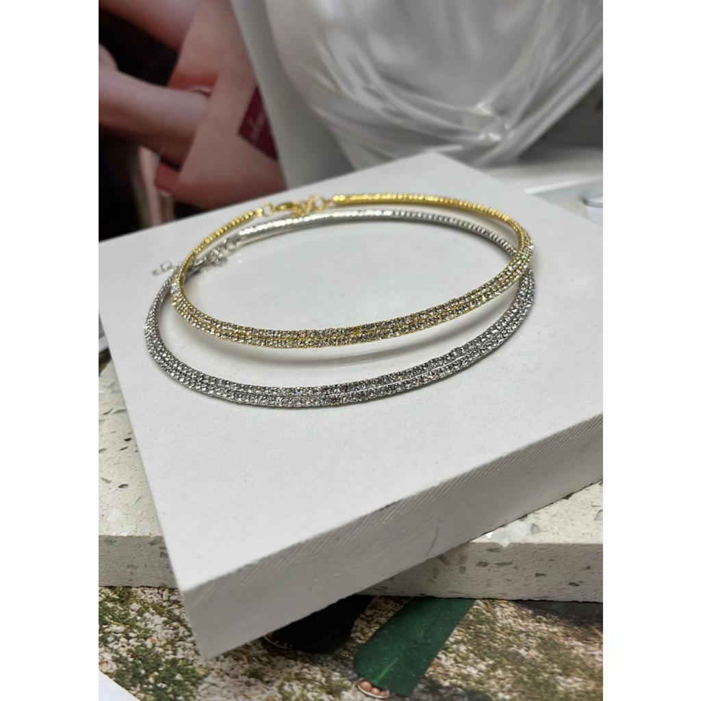 Colar Choker Feminino Cravejada com Brilho Bijuteria Dourado e Prata Tendência Elegante Chique