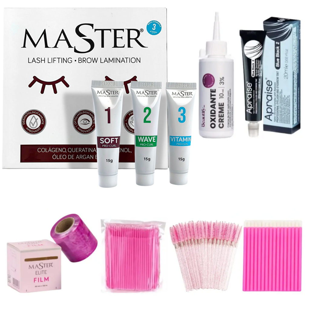 Kit Completo Lash Lifting Master Tintura Preto Azulado Oxidante Escovinhas Plástico Filme Microbrush