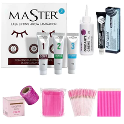 Kit Completo Lash Lifting Master Tintura Preto Azulado Oxidante Escovinhas Plástico Filme Microbrush