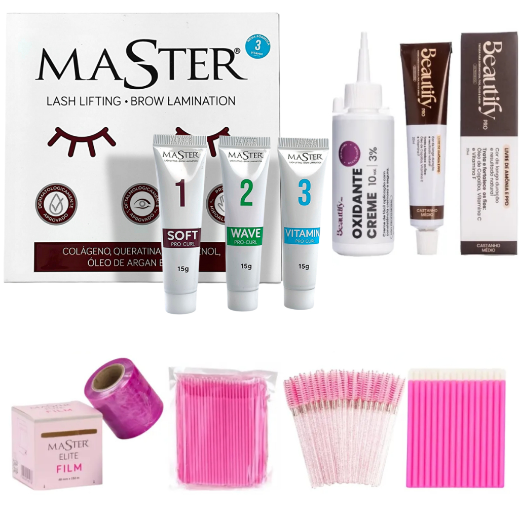 Kit Completo Lash Lifting Master Tintura Castanho Médio Beautify Oxidante Microbrush Escovinhas