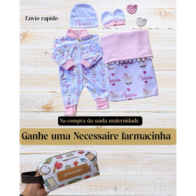 Saida maternidade personalizada com nome  Kit RN com manta e macacão Varias estampas