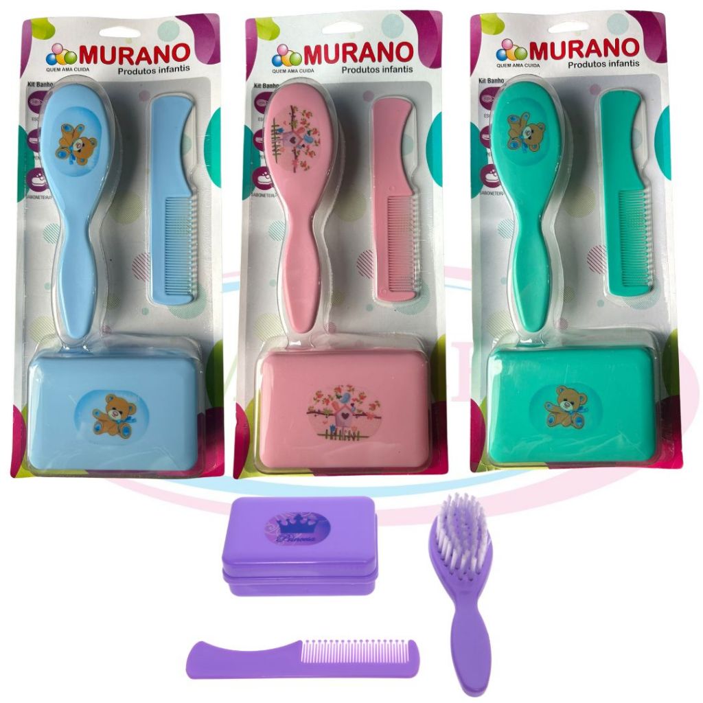 Kit Banho do Bebê 3 em 1 Murano | Escova + Pente + Saboneteira | Hora do Banho | Envio Imediato
