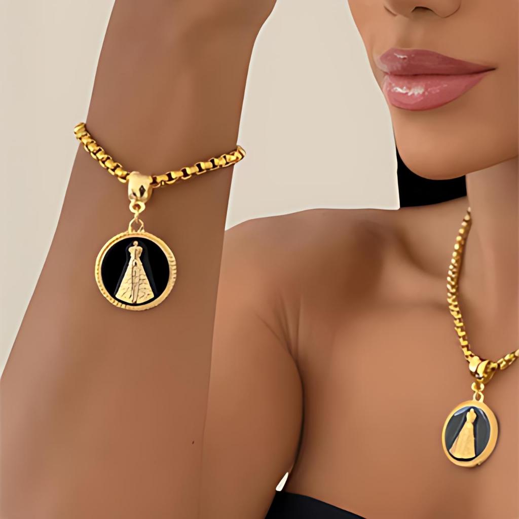 Colar Corrente e Pulseira Portugues Grosso Mulheres Dourado Colares Pingente Nossa Senhora Aparecida em Oferta na Shopee